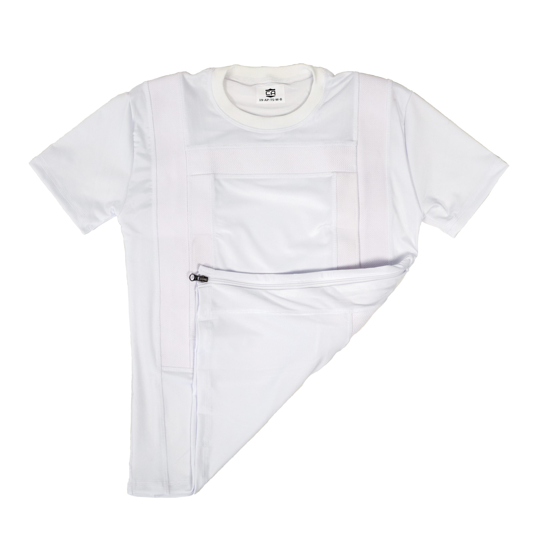 White concealable armor tshirt with a zipper on a white background