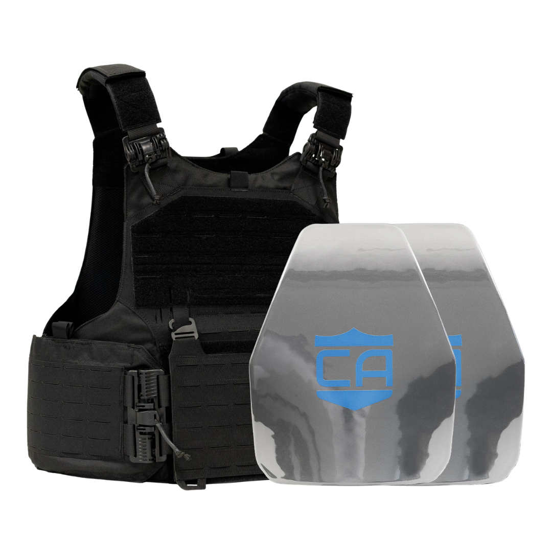 Black M.O.D. carrier with two shooters cut steel body armor plates with protective PolyShield anti-spall coating