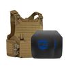 Tan M.O.D. carrier with two SAPI cut steel body armor plates with standard coating