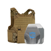 Tan M.O.D. carrier with a shooters & SAPI cut steel body armor plates with protecting PolyShield anti-spall coating