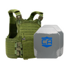 Green M.O.D. carrier with two SAPI cut steel body armor plates with protective PolyShield anti-spall coating