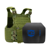 Green M.O.D. carrier with two SAPI cut steel body armor plates with Standard Coating
