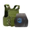 Green M.O.D. carrier with two shooters cut steel body armor plates with Standard Coating