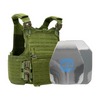 Green M.O.D. carrier with shooters & SAPI cut steel body armor plates with protective PolyShield anti-spall coating