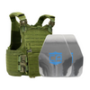 Green M.O.D. carrier with two shooters cut steel body armor plates with protective PolyShield anti-spall coating