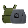 Green Recon Tactical carrier with two AV2 shooters cut steel plates featuring protective PolyShield Spall Coating