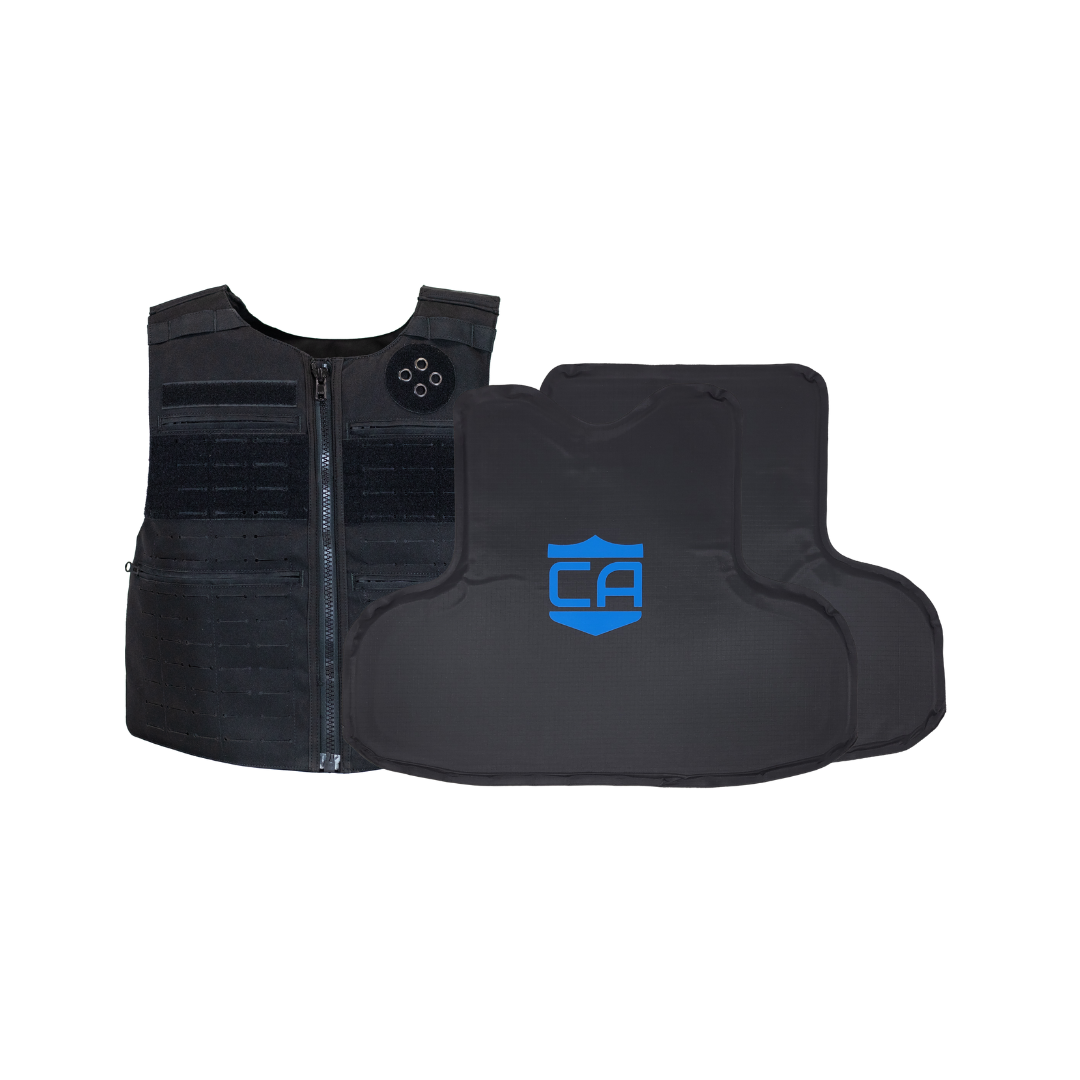 NIJ Level IIIA / HG2 CaliberX PRO Soft Body Armor Panels featuring a blue logo decal paired with a black Uniform style patrol vest on a white background used for lightweight ballistic protection