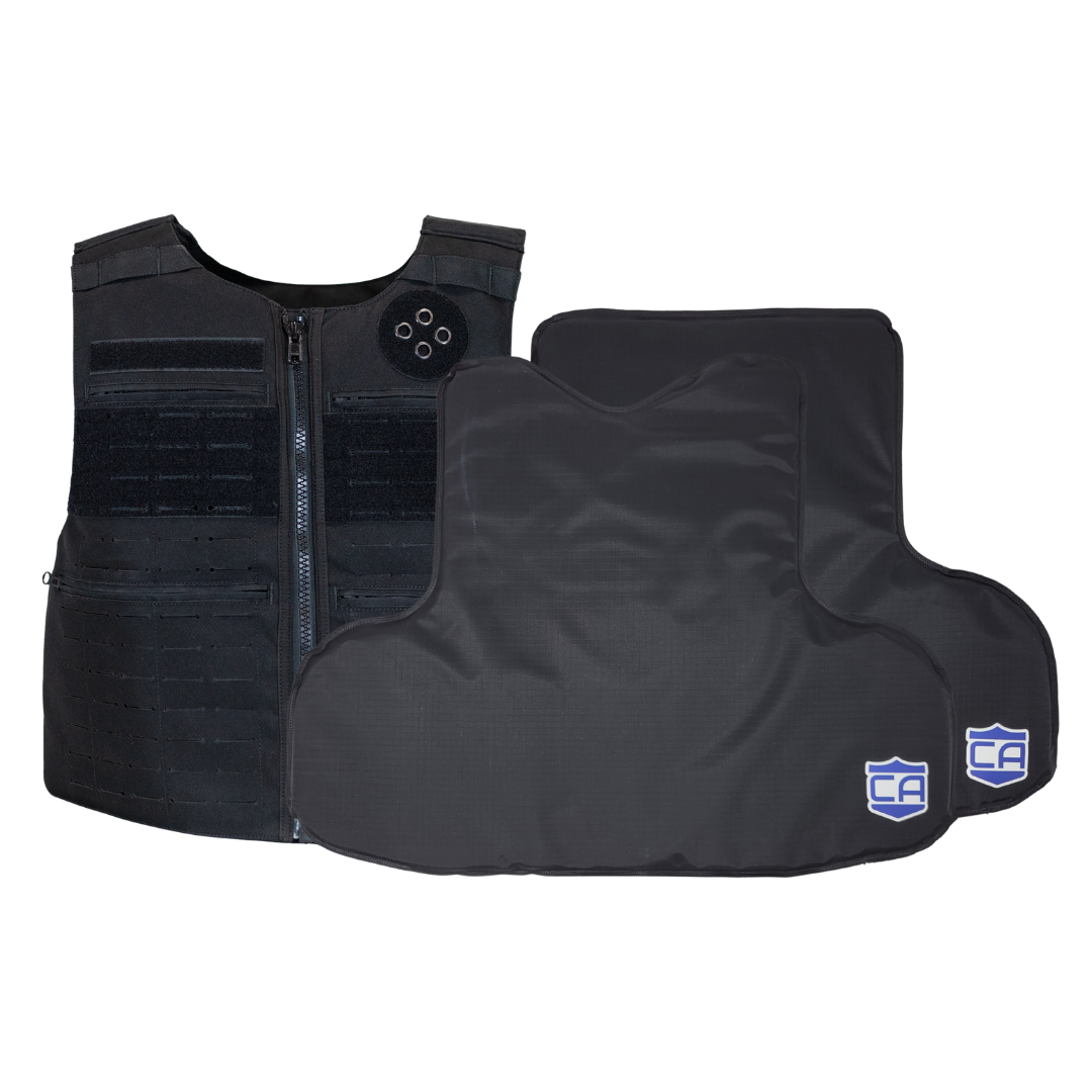 Black patrol vest with multiple pockets and front & back CaliberX Wrap Around Soft Armor Panels