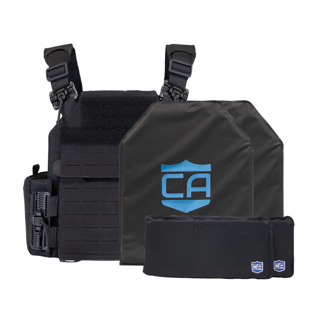 Black recon tactical carrier with two SAPI cut CaliberX Soft Armor panels with soft side armor