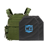 Green recon tactical carrier with two SAPI cut CaliberX Soft Armor panels