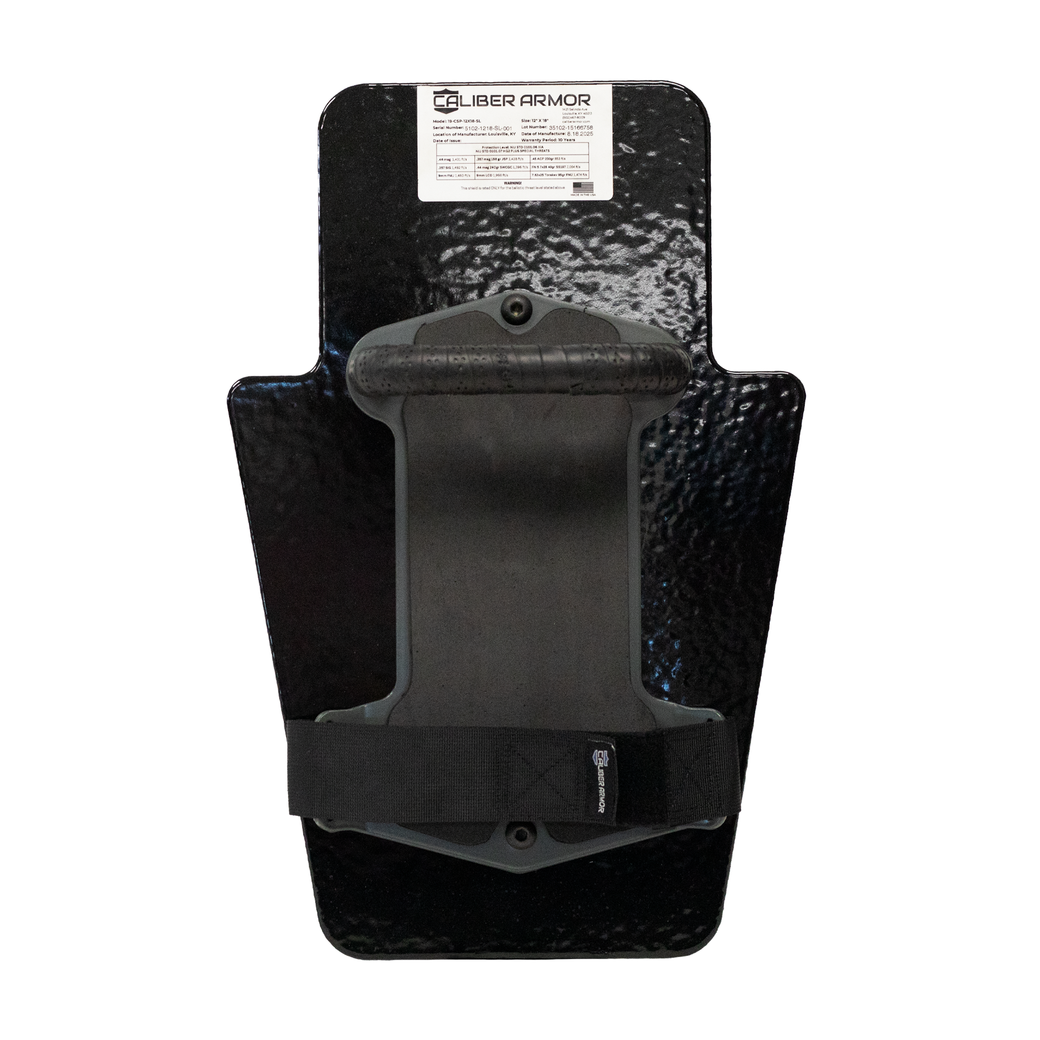 Backside of black 12" x 18" Caliber Armor Pistol Rated Level  IIIA HG2 Ballistic Shield with streamlined padded handle on a white background