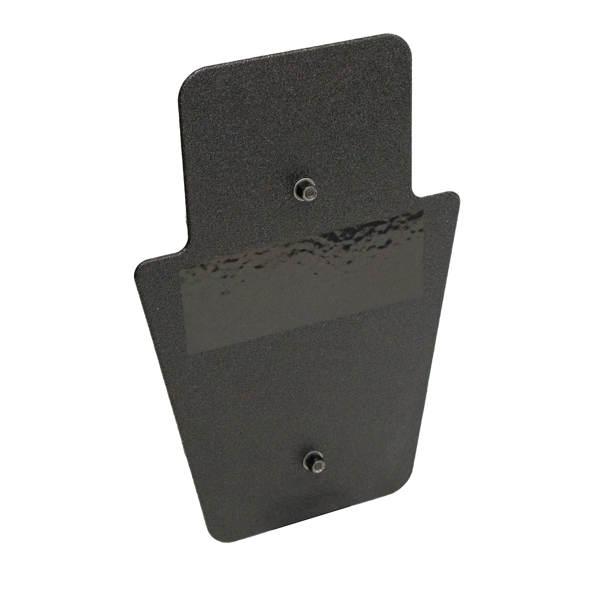 Angled front of black 12" x 18" Caliber Armor Pistol rated Level IIIA HG2 Ballistic Shield with SL handle on a white background