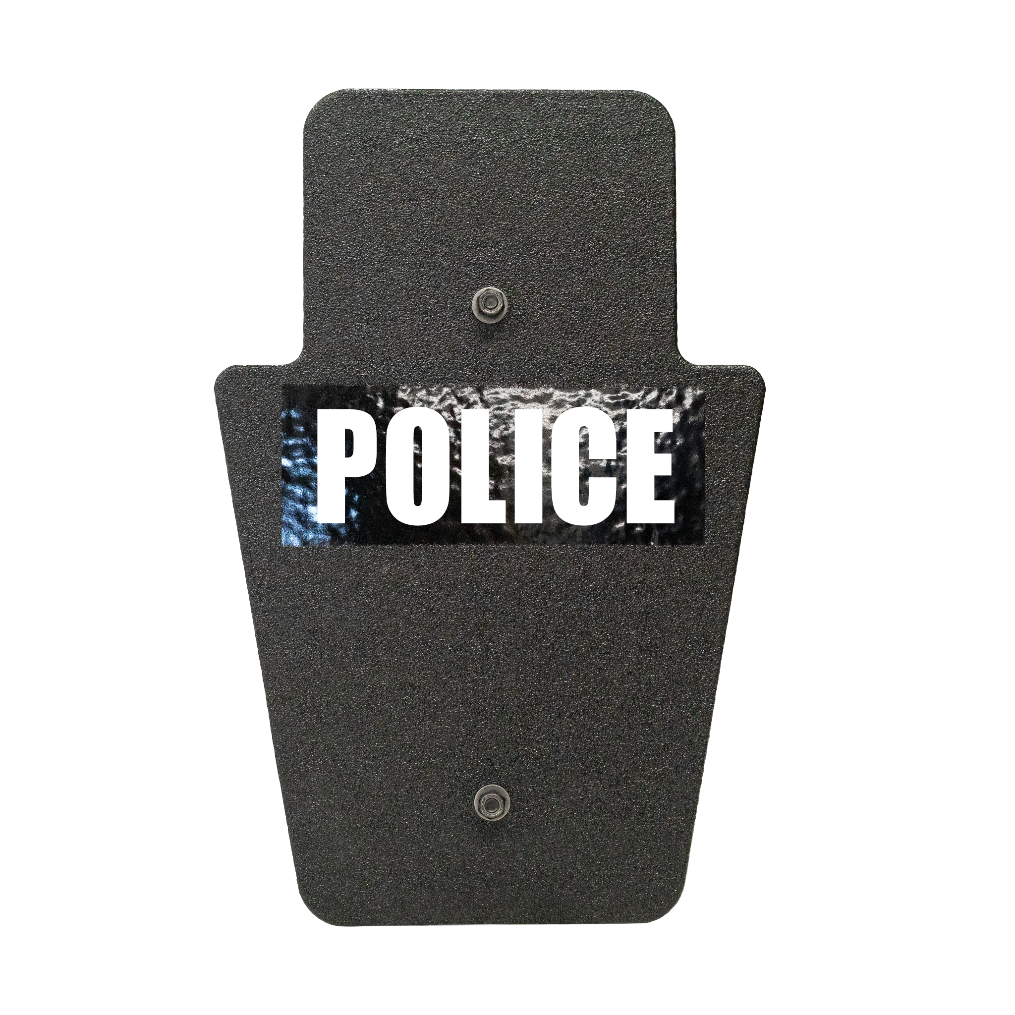 Front of black 12" x 18" Caliber Armor Pistol rated Level IIIA HG2 Ballistic Shield with SL handle with Police logo on a white background