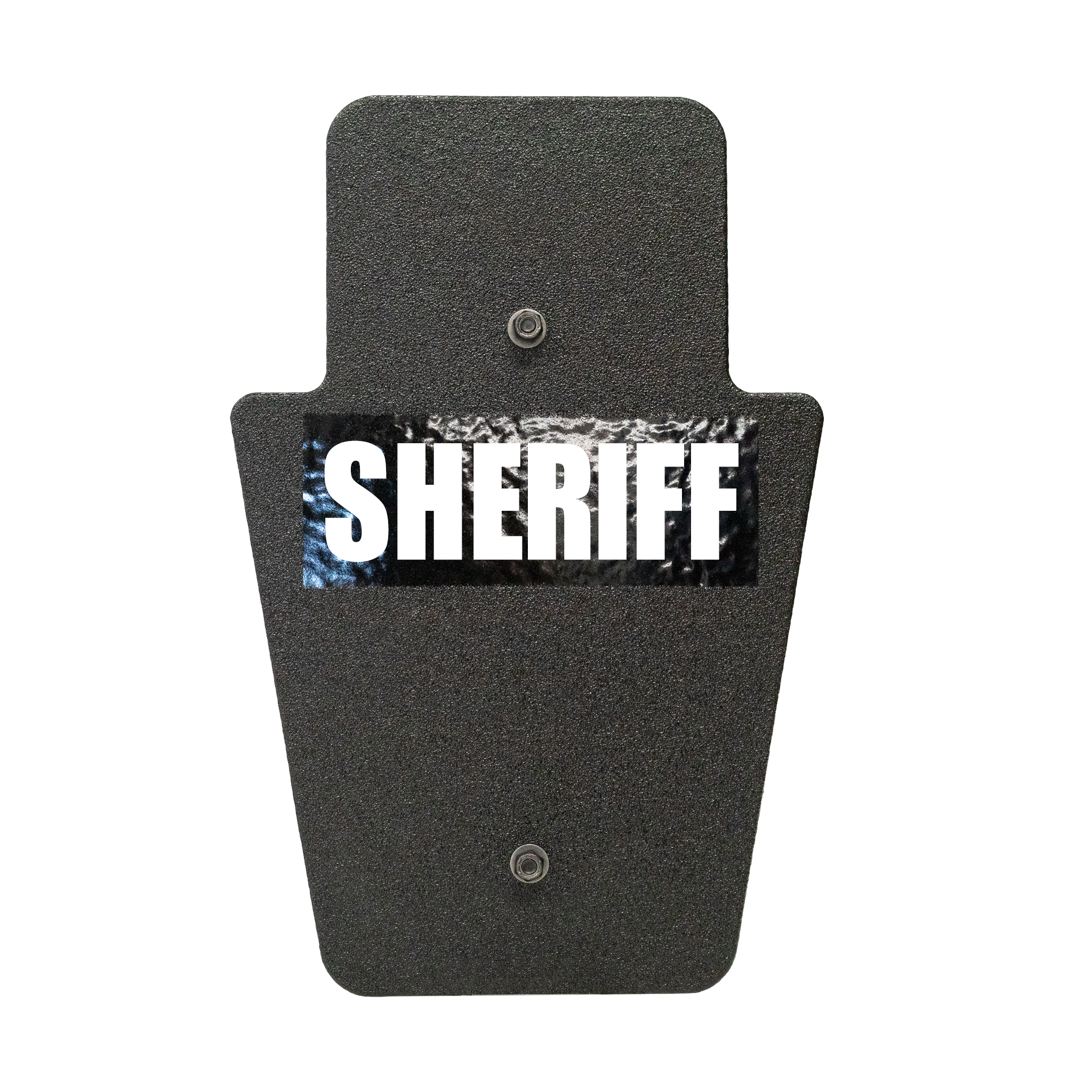 Front of black 12" x 18" Caliber Armor Pistol rated Level IIIA HG2 Ballistic Shield with SL handle with Sheriff logo on a white background