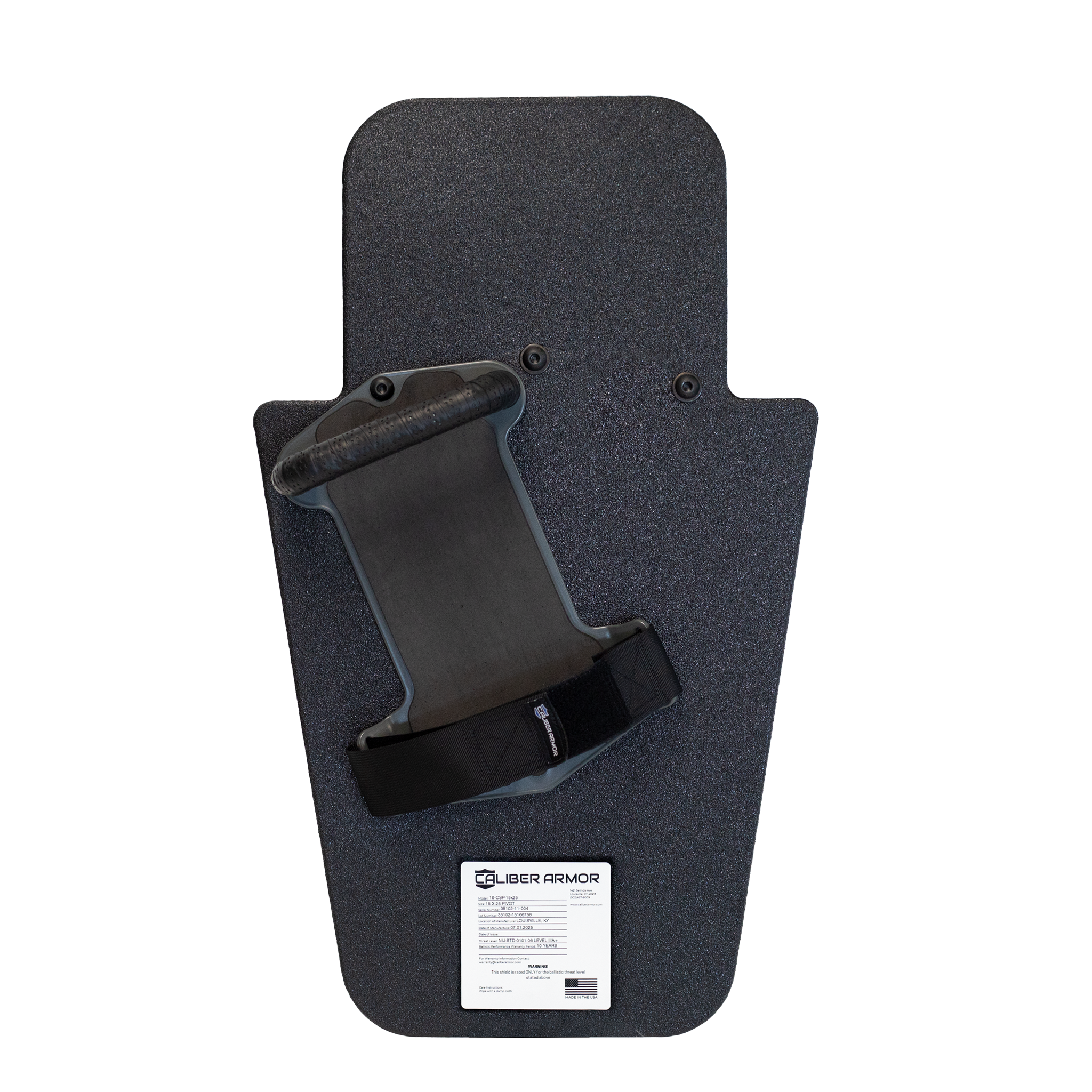 Backside of black 15" x 25" Caliber Armor Pistol rated Level IIIA HG2 Ballistic Shield with three position handle setup for right handed use on a white background