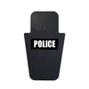 Front of black 15" x 25" Caliber Armor Pistol rated Level IIIA HG2 Ballistic Shield with fixed handle in the center & white text "police" on a white background