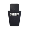 Front of black 15" x 25" Caliber Armor Pistol rated Level IIIA HG2 Ballistic Shield with fixed handle in the center & white text "sheriff" on a white background