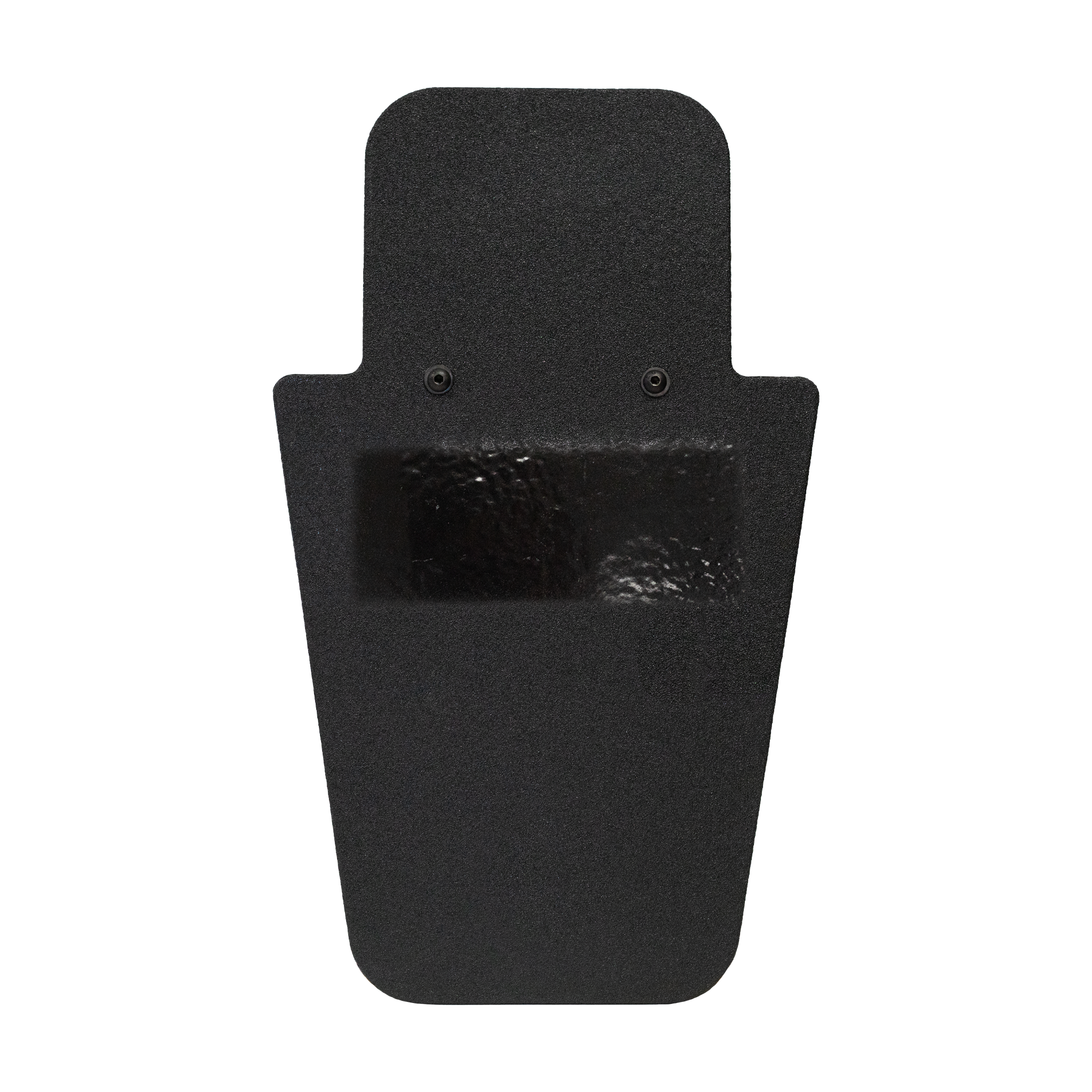 Front of black 15" x 25" Caliber Armor Pistol rated Level IIIA HG2 Ballistic Shield with fixed value line handle in the center on a white background