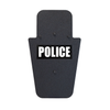 Front of black 15" x 25" Caliber Armor Pistol rated Level IIIA HG2 Ballistic Shield with pivoting handle with Police logo on a white background