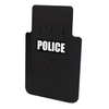 Black police ballistic shield with 'POLICE' text on a white background
