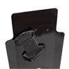 Upclose view of back of black 20" x 30" Caliber Armor Pistol rated Level IIIA HG2 Ballistic Shield with three position handled, padded armrest & quick release strap on a white background