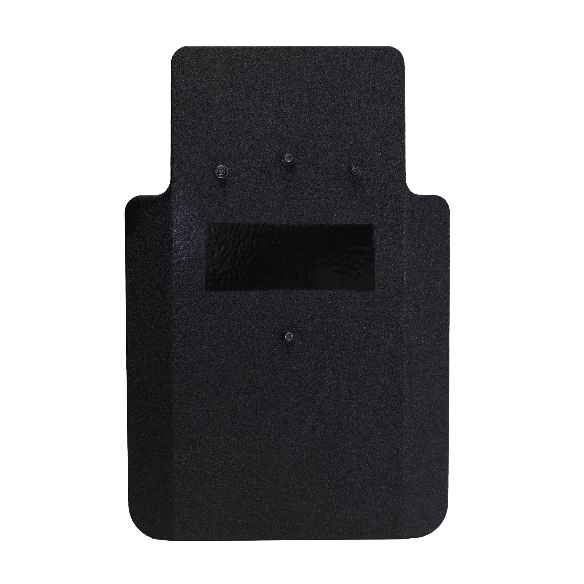 Front of black 20" x 30" Caliber Armor Pistol rated Level IIIA HG2 Ballistic Shield with three handle positions on a white background