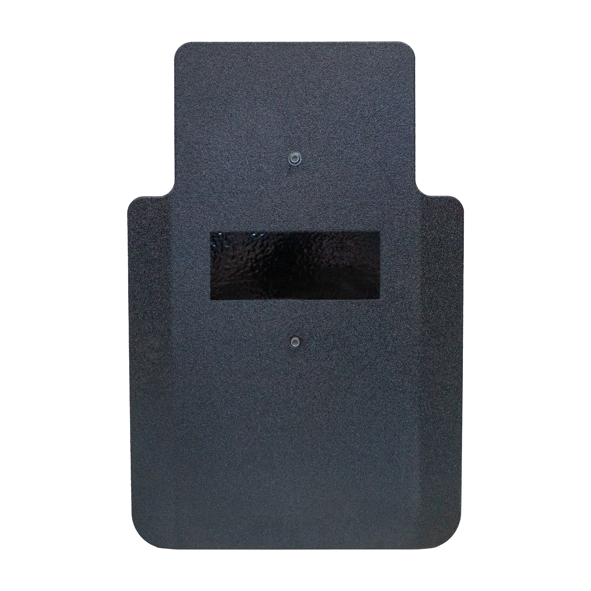 Front of black 20" x 30" Caliber Armor Pistol rated Level IIIA HG2 Ballistic Shield with fixed streamlined handle in the center on a white background