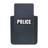 Front of black 20" x 30" Caliber Armor Pistol rated Level IIIA HG2 Ballistic Shield with fixed streamlined handle in the center , text of "police" in white on a white background