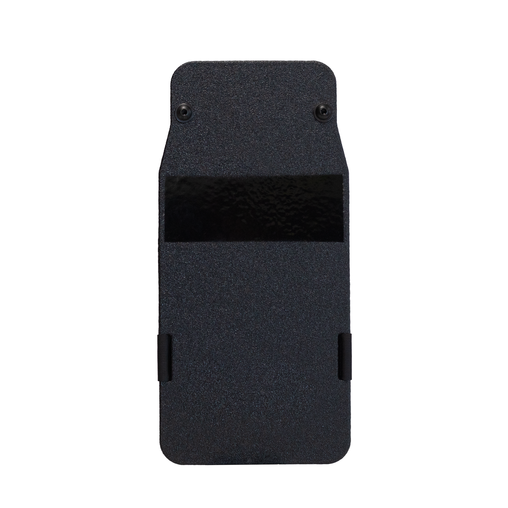Front view of black 8" x 17" Caliber Armor Pistol rated Level IIIA HG2 Ballistic Shield on a white background