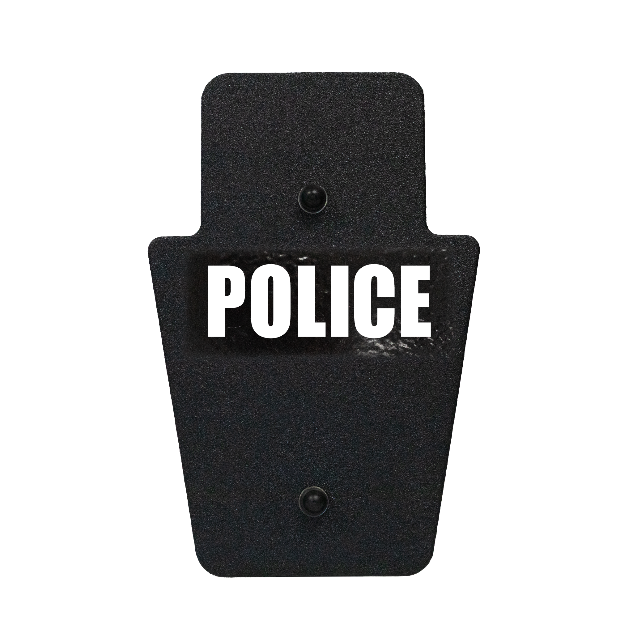 Front of black 12" x 18" Caliber Armor Rifle rated Level III+ RF2 Ballistic Shield with SL handle with Police logo on a white background