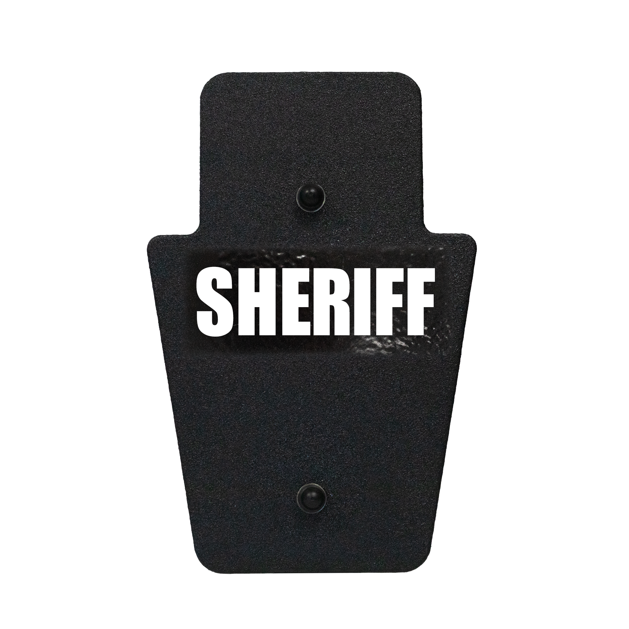 Front of black 12" x 18" Caliber Armor Rifle rated Level III+ RF2 Ballistic Shield with SL handle with Sheriff logo on a white background