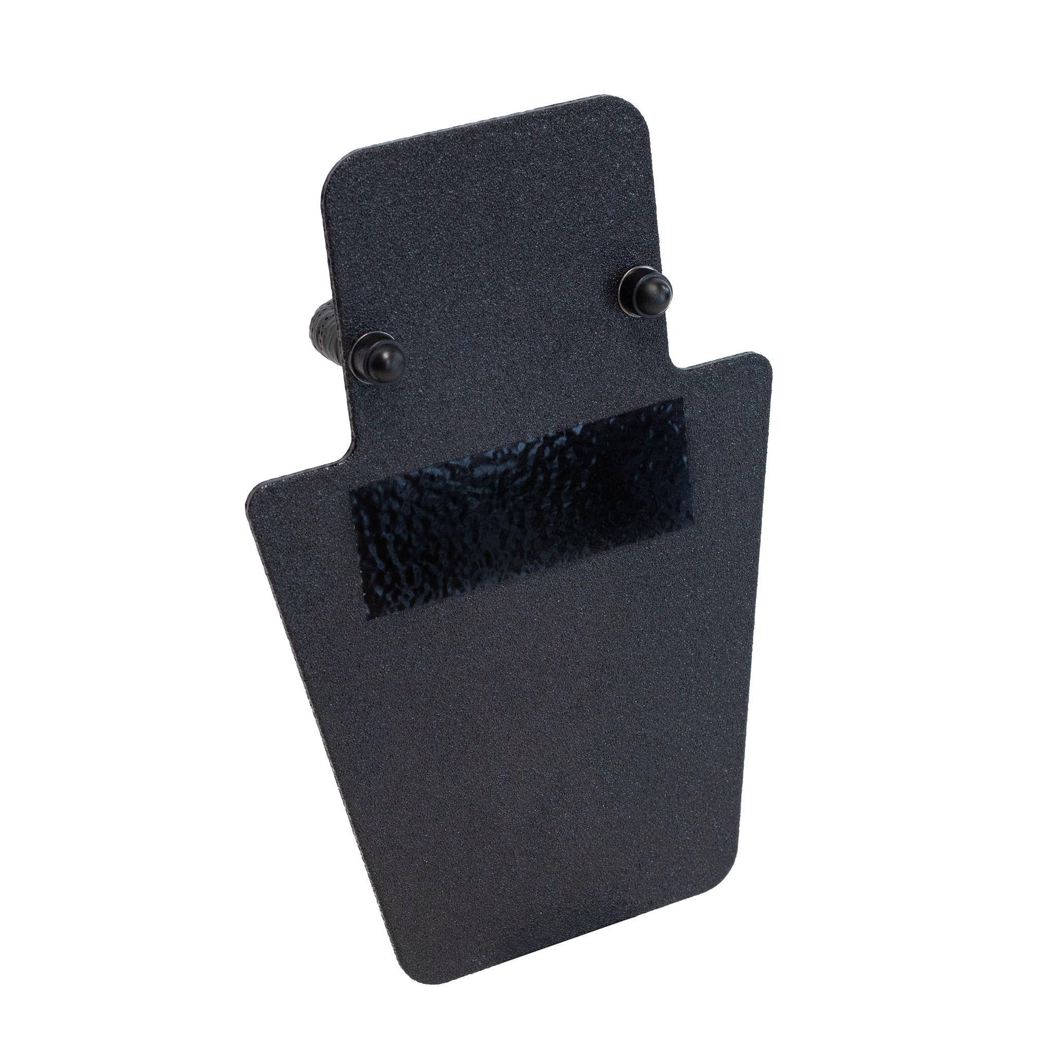 Front angled view of black 12" x 18" Caliber Armor Rifle rated Level III+ RF2 Ballistic Shield with VL handle on a white background