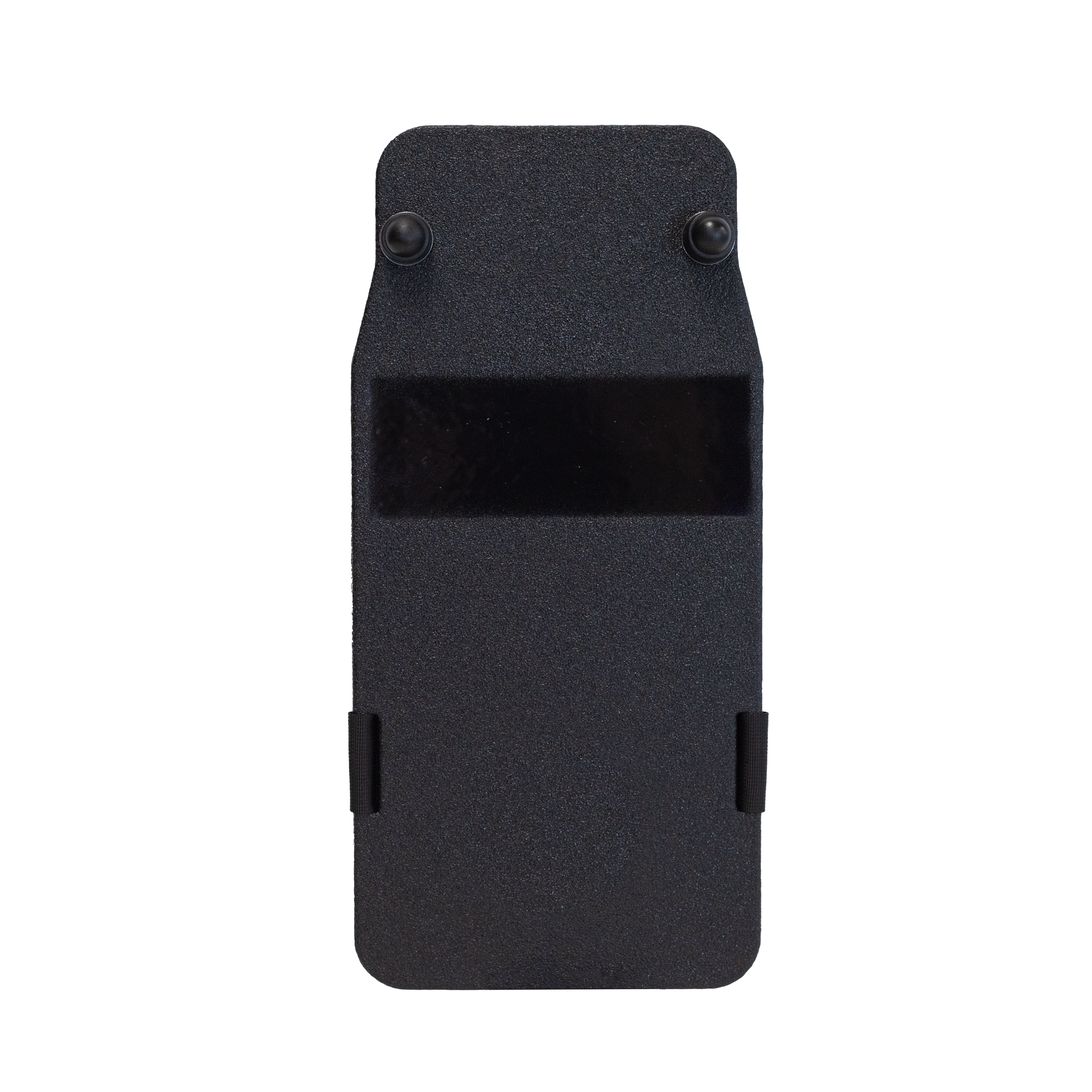 Front view of black 8" x 17" Caliber Armor Rifle rated Level III+ RF2 Ballistic Shield on a white background