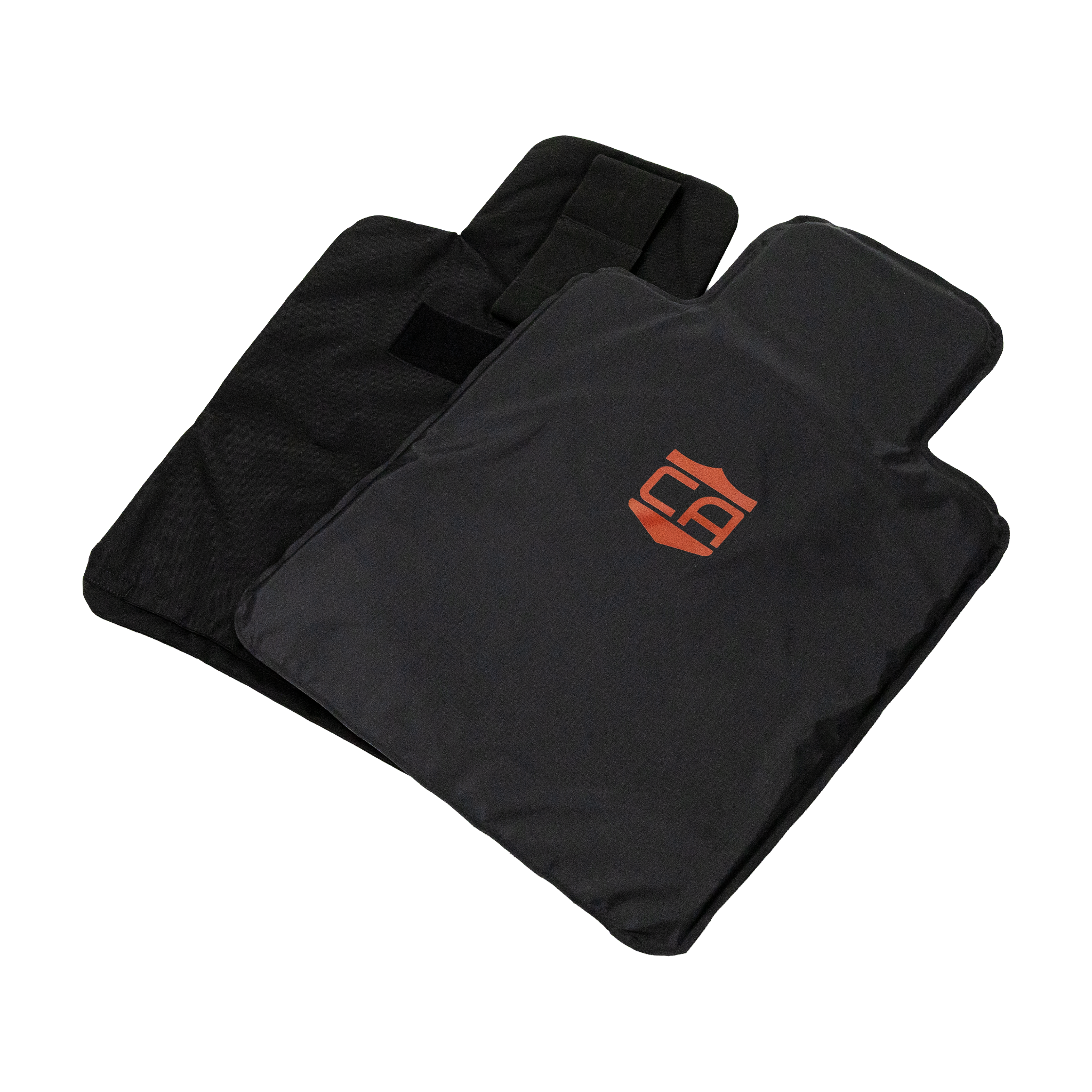 Black CaliberX Core Ballistic Vehicle seat shield outer carrier and inner level iiia armor panel with headrest strap all laid out flat on a white background