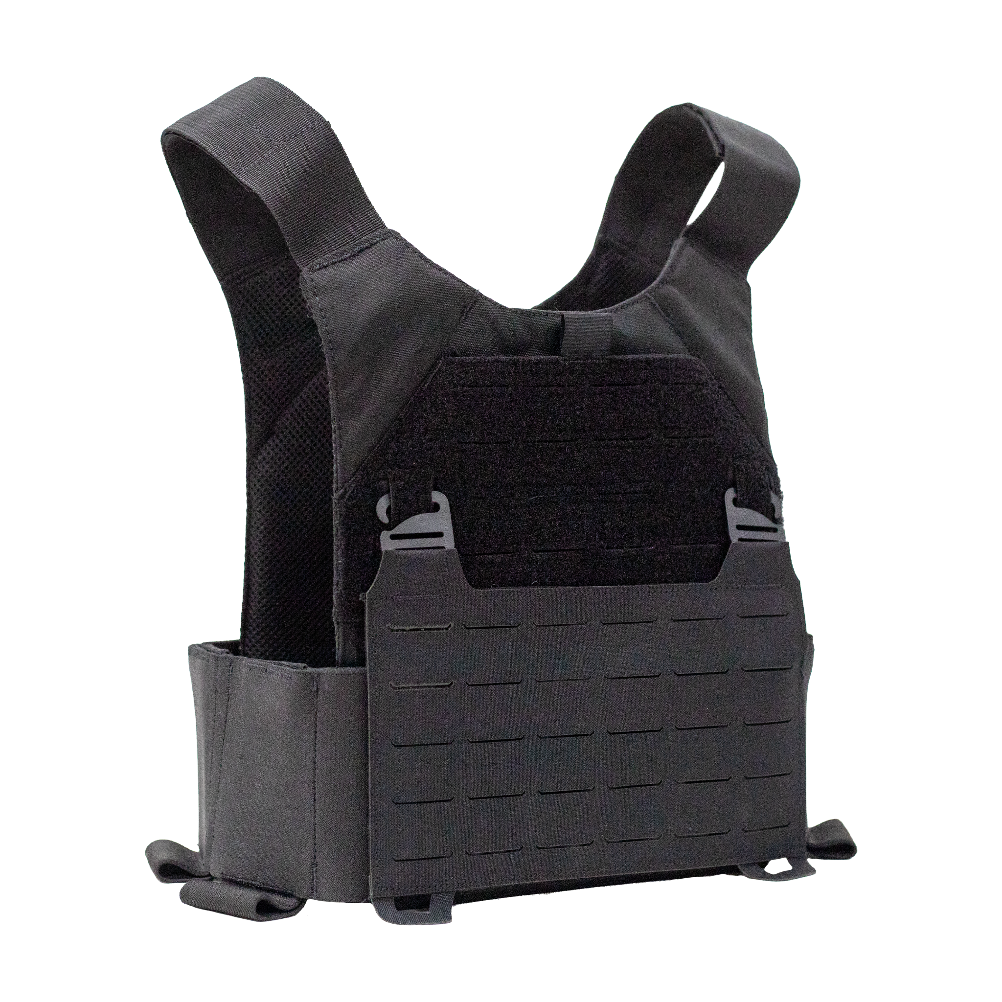 Angled front view of small phantom low-vis plate carrier in black showing the two mag pouches on elastic cummerbund on a white background
