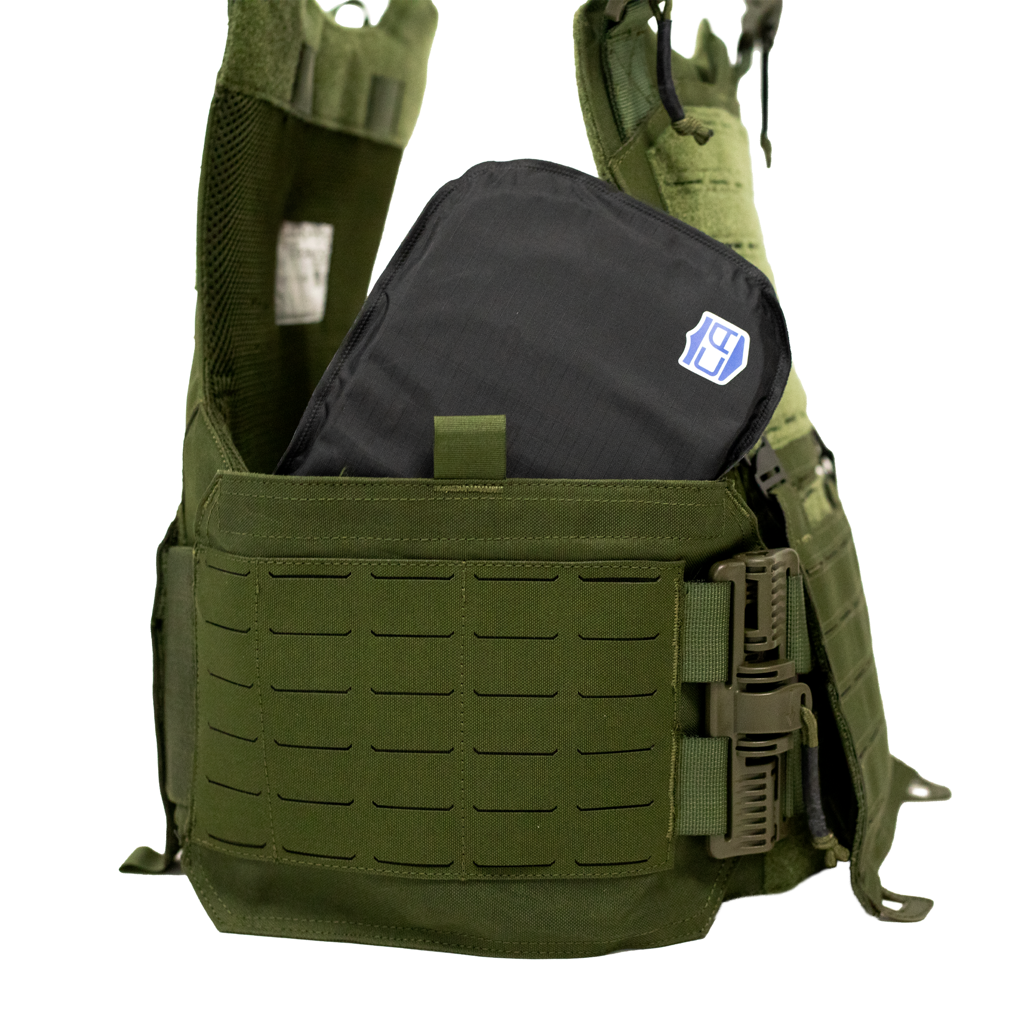 Green overt tactical vest with black soft armor inserted into cummerbund on a white background