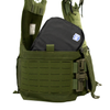 Green overt tactical vest with black soft armor inserted into cummerbund on a white background