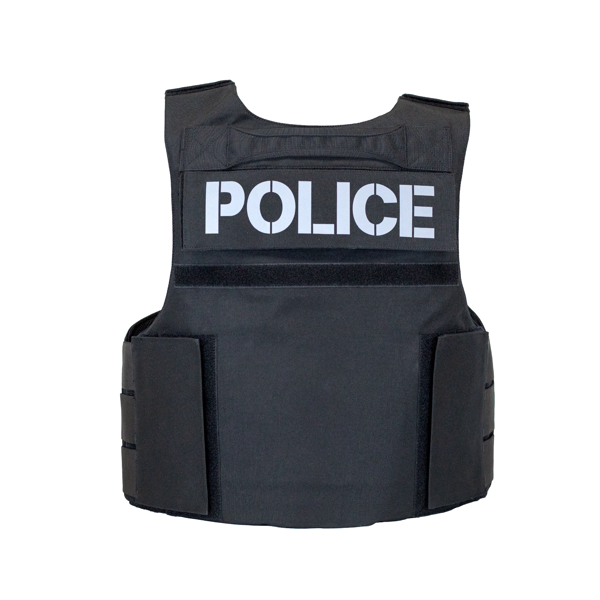 rear view of blackpatrol body armor vest with POLICE velcro ID  patch
