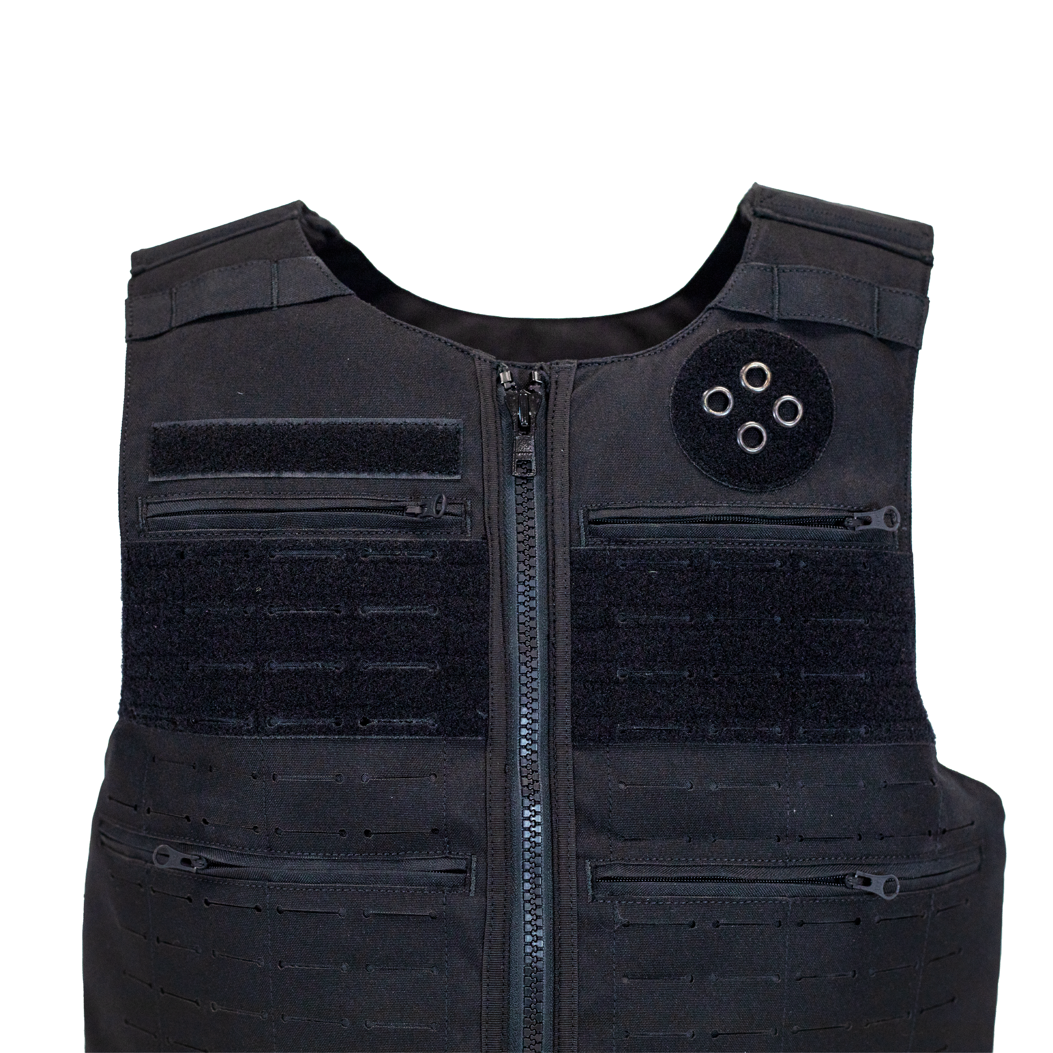 Black tactical vest with multiple pockets and a zipper on a white background