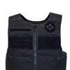 Black tactical vest with multiple pockets and a zipper on a white background