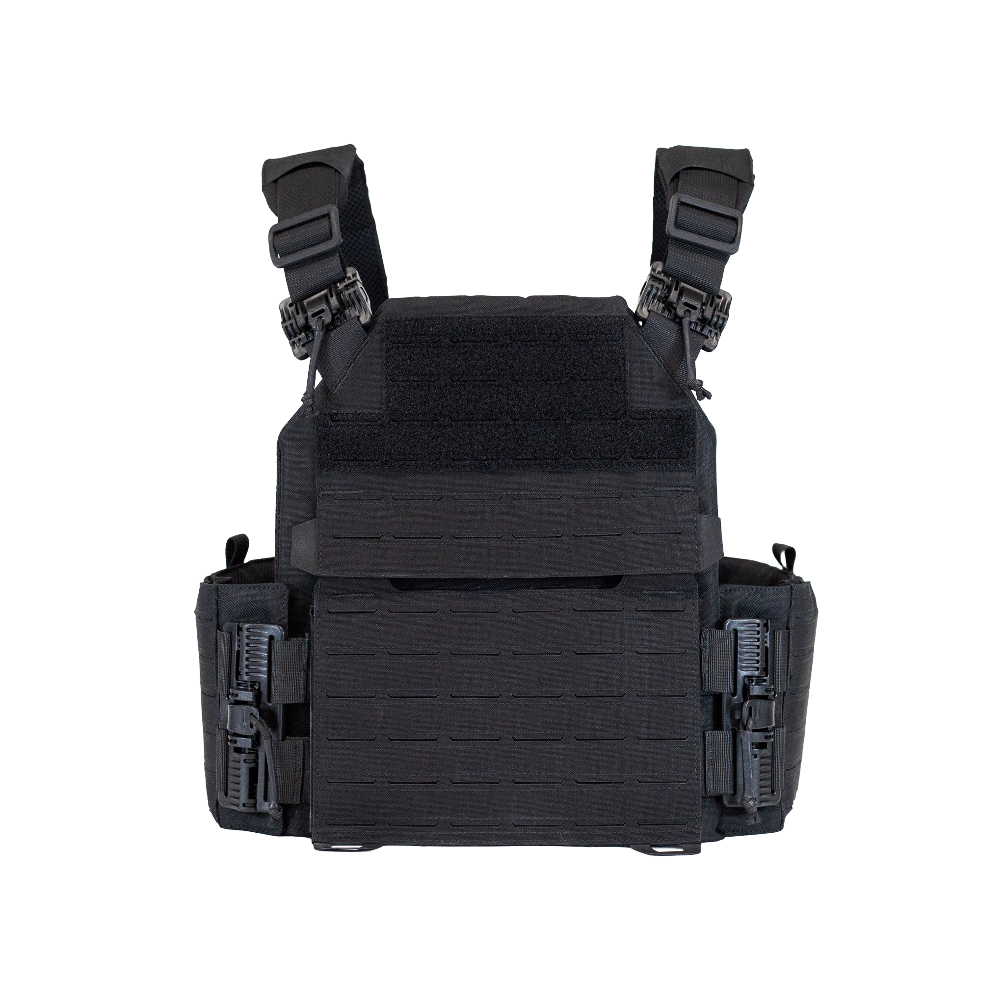 Black tactical plate carrier on a white background