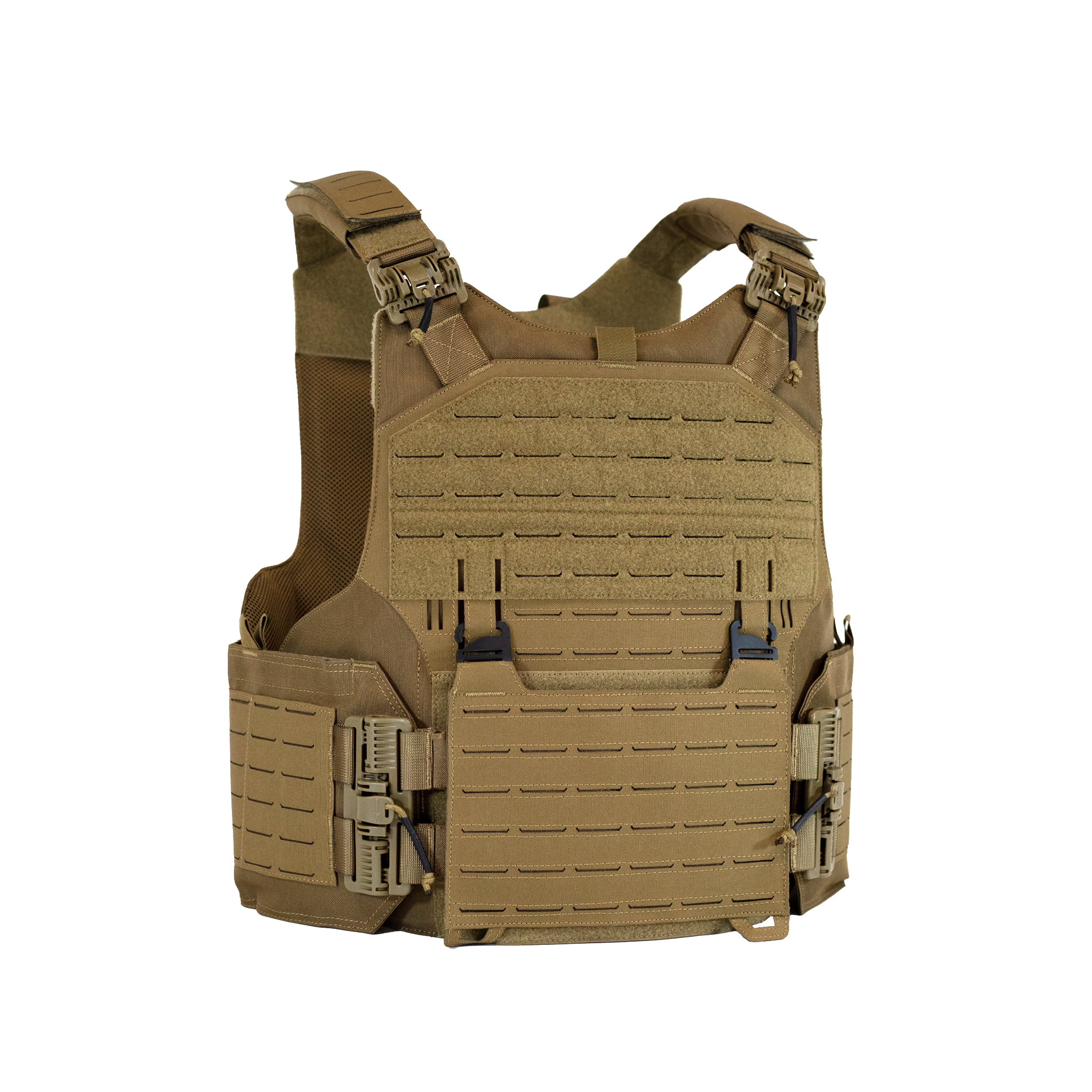 Tan body armor plate carrier with tubes on a white background