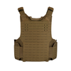 backside of a brown body armor plate carrier with elastic waistband on a white background