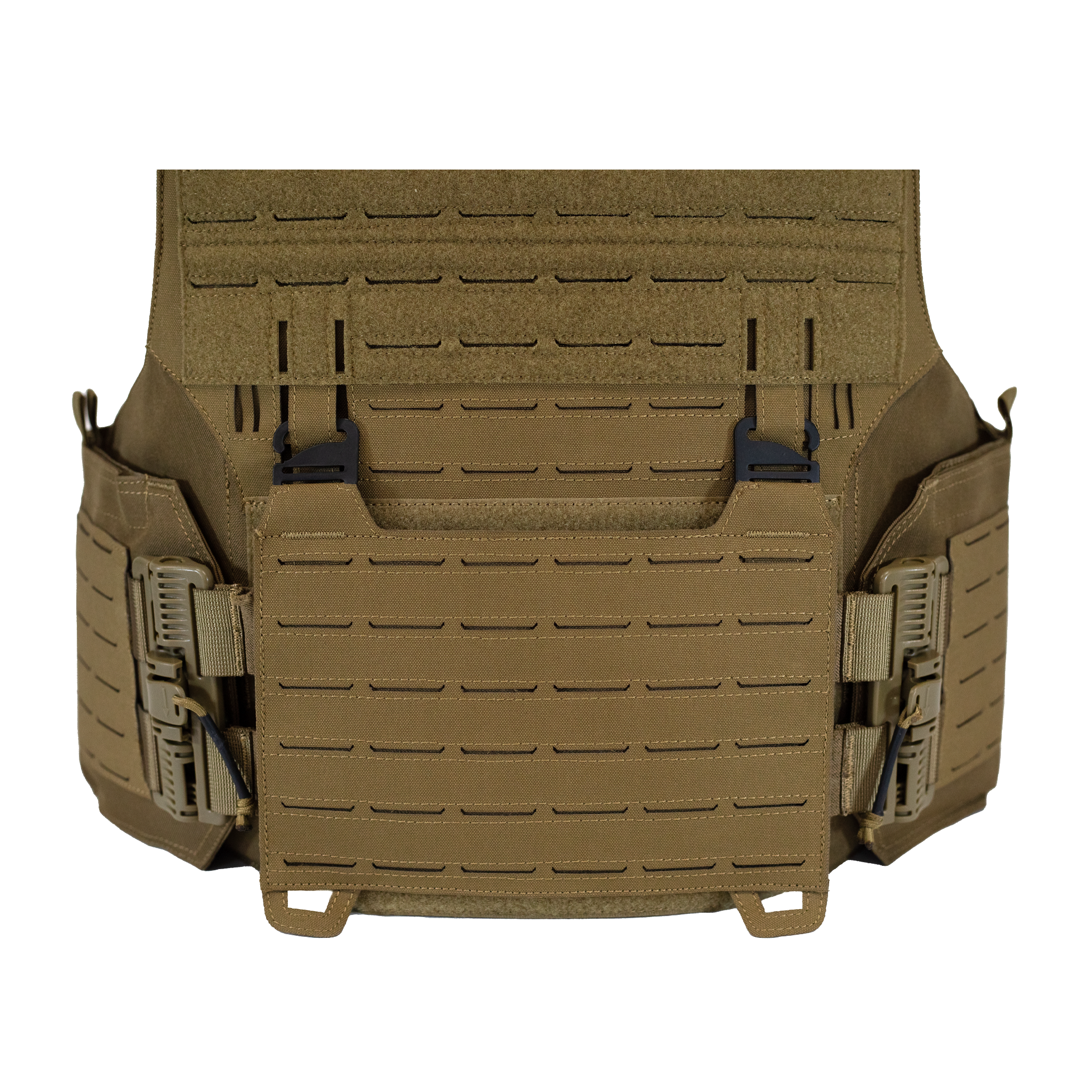 removeable molle plackard with ghooks attached to front of tan plate carrier
