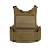 Tan body armor plate carrier with placard lifted showing velcro size adjustment on a white background