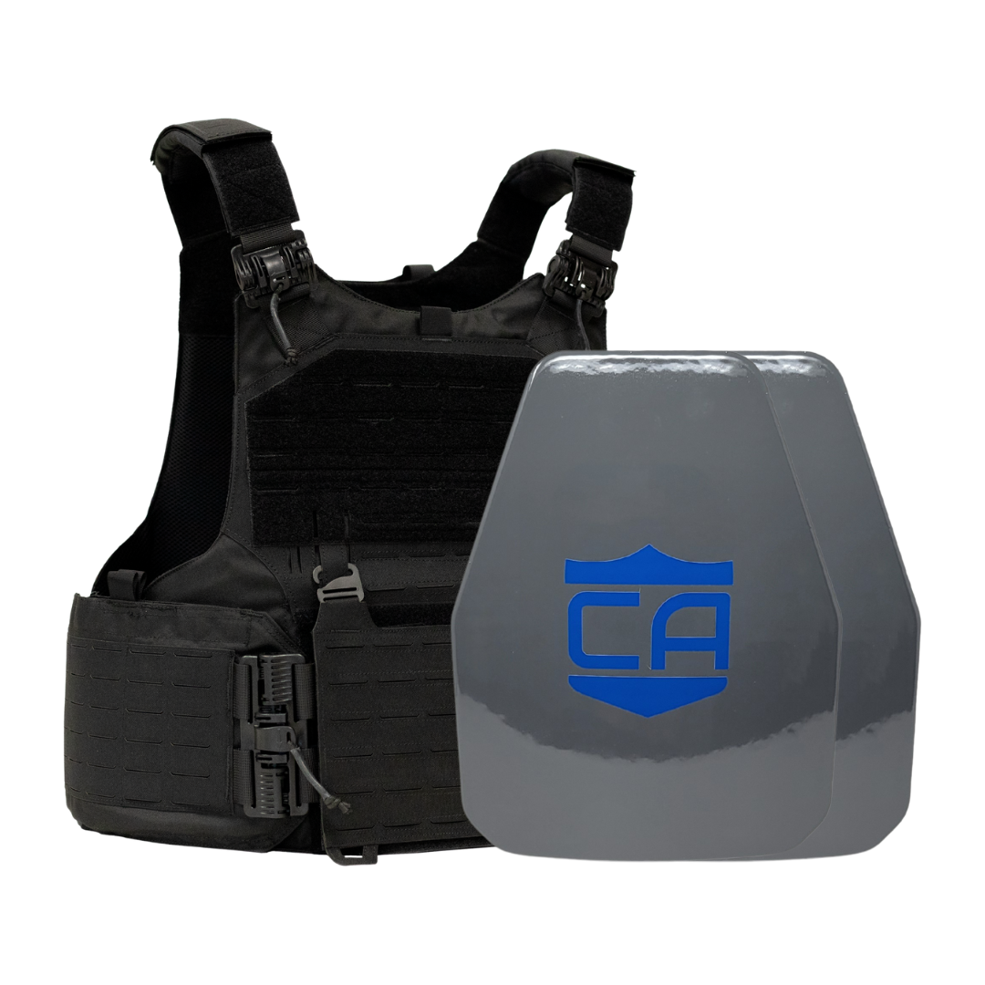 Black M.O.D. carrier with two shooters cut UHMWPE Maritime plates with waterproof coating