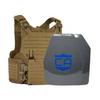 Tan M.O.D. carrier with shooters & SAPI cut UHMWPE Maritime plates with waterproof coating