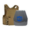 Tan M.O.D. carrier with two shooters cut UHMWPE Maritime plates with waterproof coating