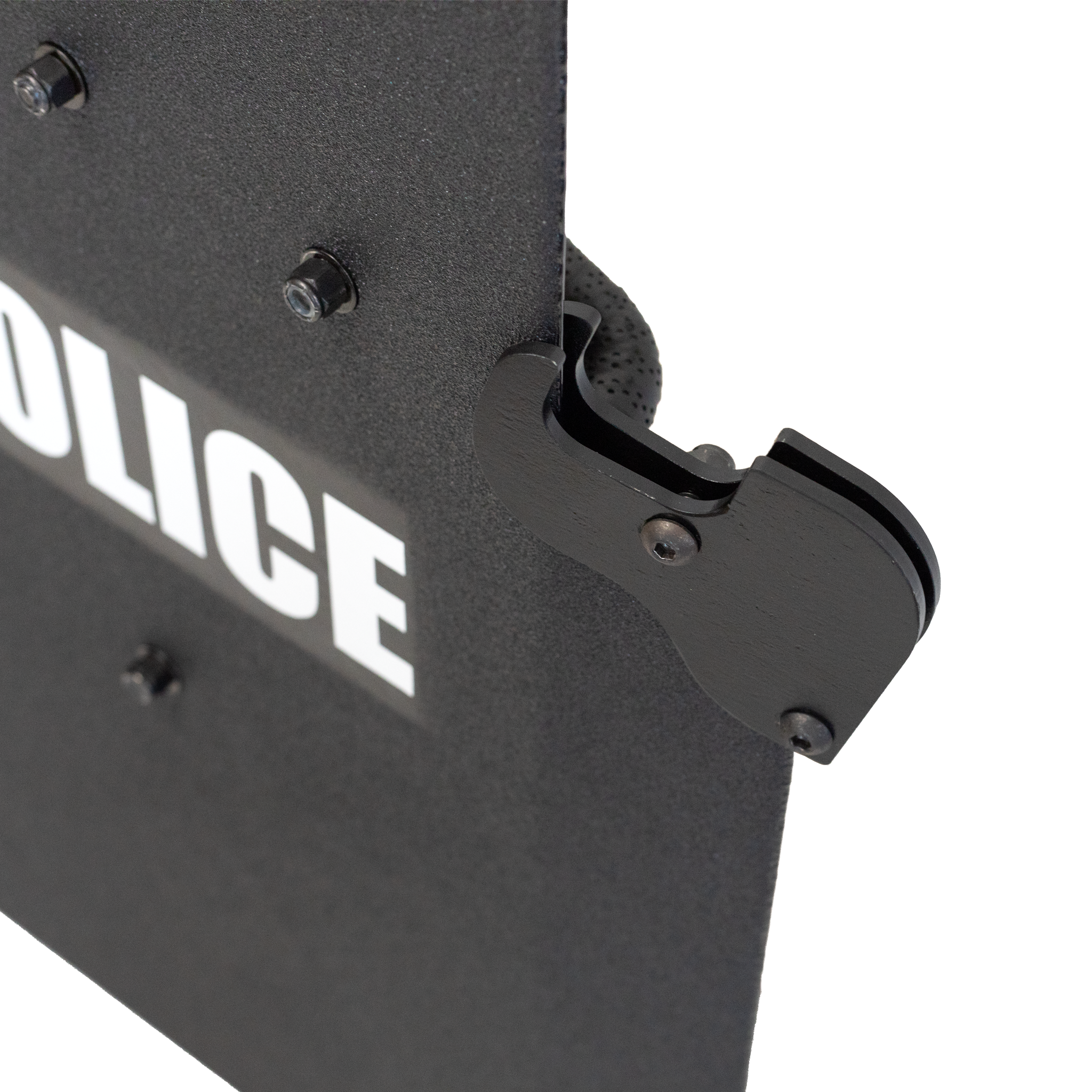 Black police shield with firearm support mounted on a white background