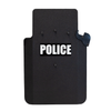 Black police ballistic shield that has a bolt on bracket attached for resting your weapon